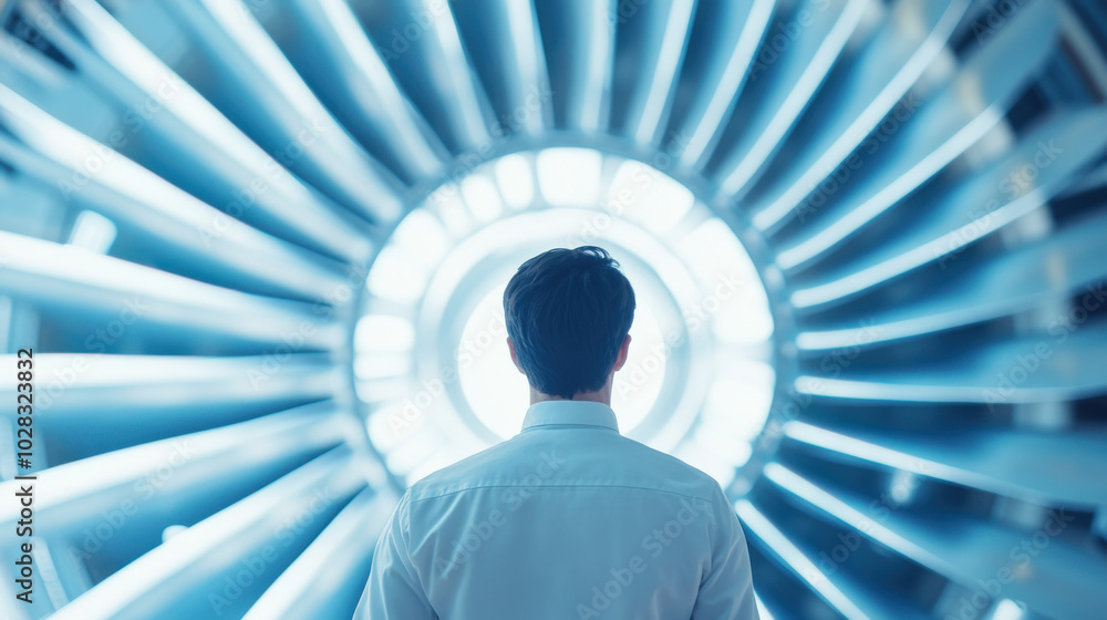 Poster turbomachinery engineer is evaluating thermal expansion while observing large turbine. scene capture