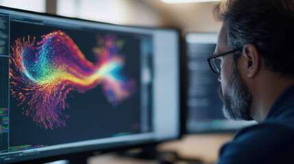 turbomachinery engineer is conducting flow simulations on dual monitors, showcasing vibrant, colorful data visualizations. atmosphere is focused and innovative, highlighting advanced technology in