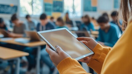 Teacher Using Tablet for Attendance in Modern Classroom