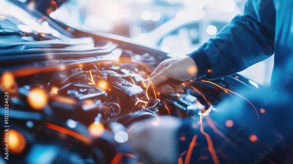 Poster technician running diagnostics on electric vehicle, inspecting engine components with precision and 