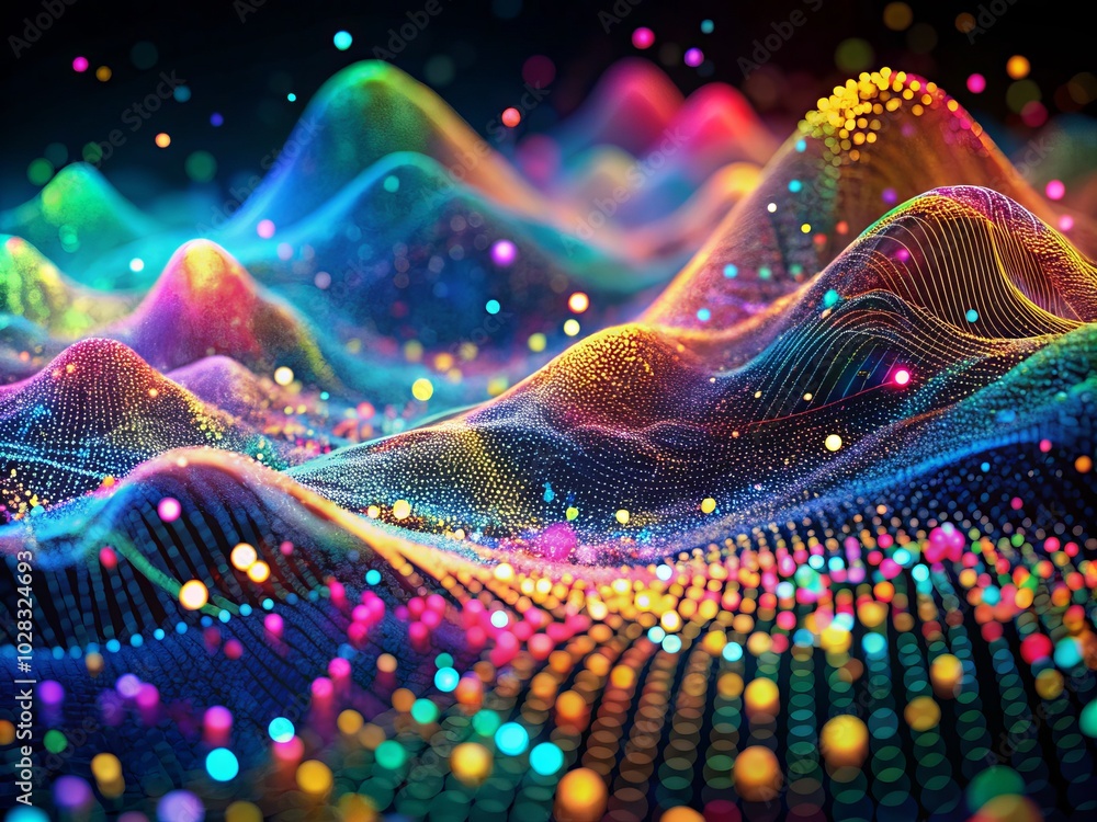 Poster abstract futuristic wave with moving dots - cyber technology illustration, flowing colored particles