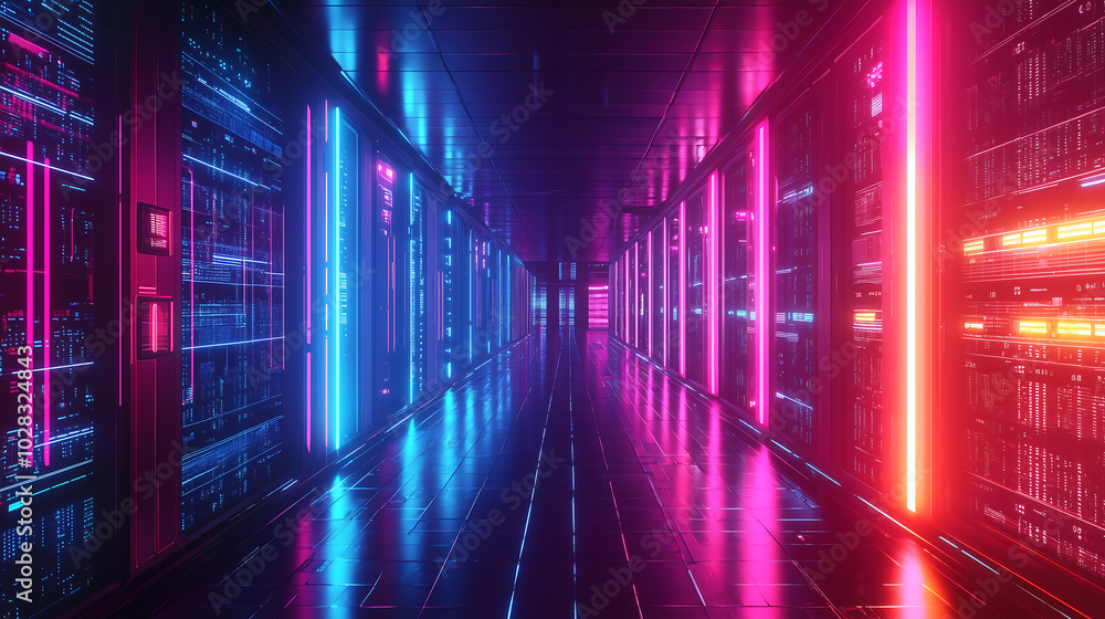 Poster futuristic server room with glowing neon elements and hightech data protection system