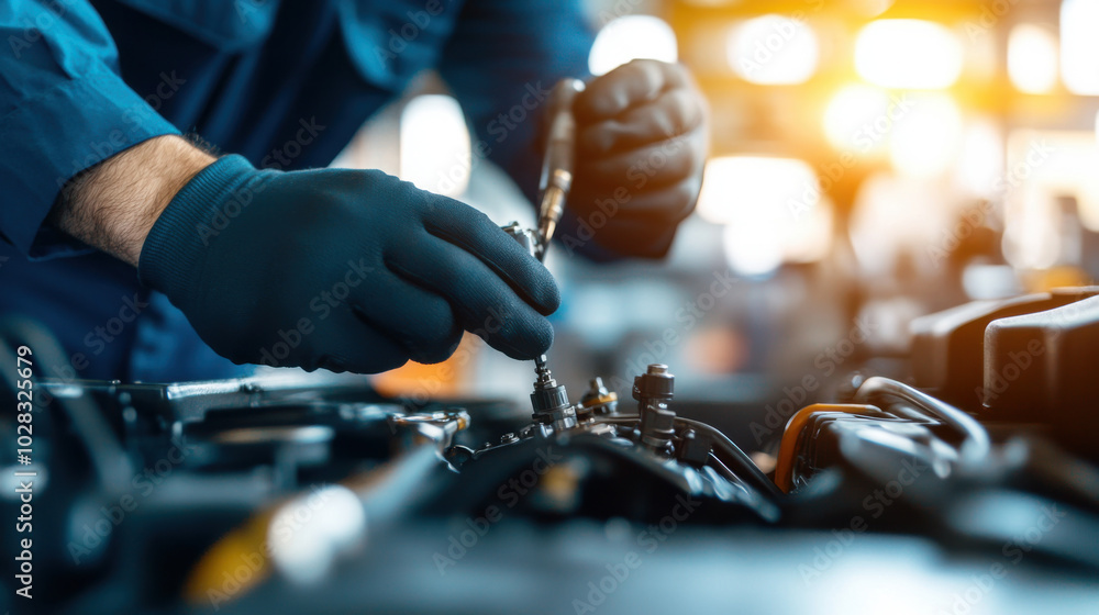 Poster technician inspecting valve timing mechanism of engine, showcasing precision and expertise in automo