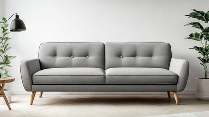 Fototapeta premium Modern grey sofa with wooden legs in a stylish living room setting, modern, grey, sofa, wooden, legs