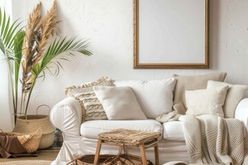 Country-style living room with rustic coffee table, wicker basket, and white sofa: modern boho interior design with framed wall art.
