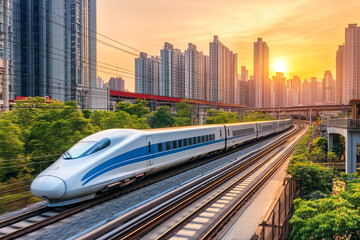 High-speed bullet train gliding through an urban landscape