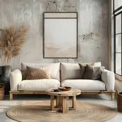 Contemporary Japandi home interior: rustic coffee table near beige sofa against stucco wall, showcasing stone decorative poster in modern living room.