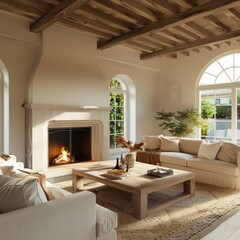 Mediterranean modern cottage style home: rustic coffee table, sofa, chairs, fireplace, and arched windows in modern living room interior design.