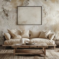 Stylish Japandi living room decor: rustic coffee table near beige sofa against stucco wall with stone decorative poster in modern home.