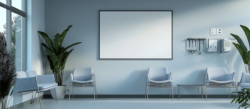 Hospital waiting area features a mockup of a blank poster and comfortable seating.