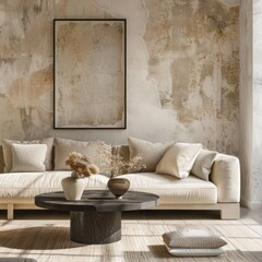 Modern living room with Japandi interior design: rustic coffee table near beige sofa against stucco wall featuring stone decorative poster.