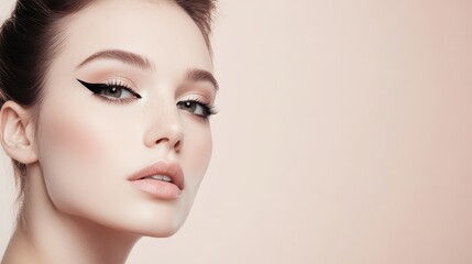 Fototapeta premium A glamorous portrait featuring a model with striking makeup and a soft background, showcasing elegance and beauty.