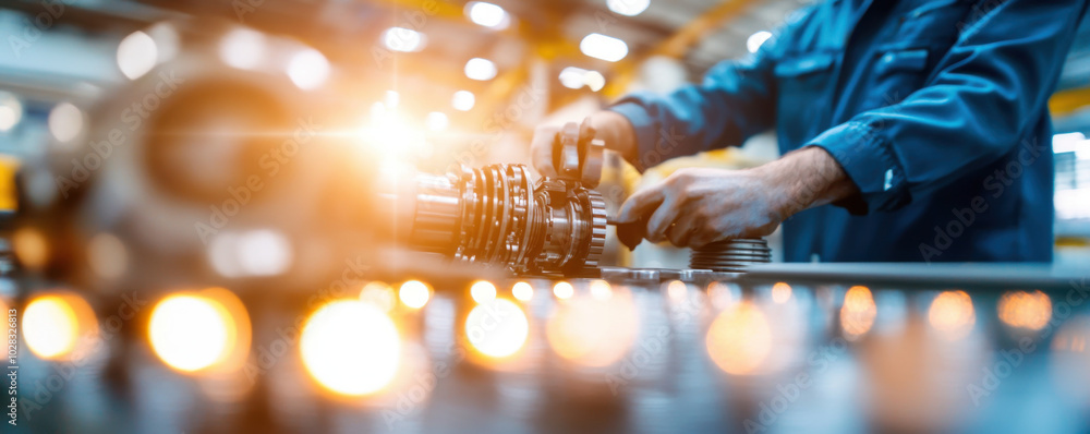 Poster technician working on crankshaft in industrial setting, showcasing precision and skill. warm lightin