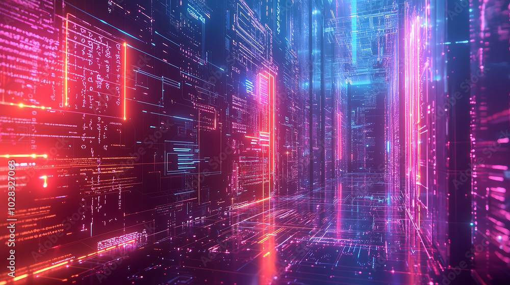 Poster futuristic digital corridor with glowing neon data and encrypted cyber systems