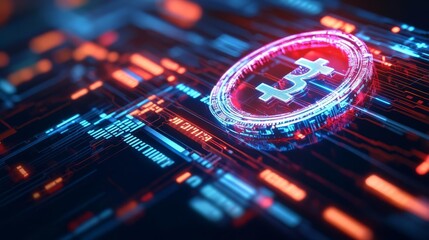 Blockchain innovation, neon hologram, futuristic tech flow, digital environment