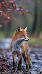 Fototapeta premium Wet Red Fox Standing in Fall Forest