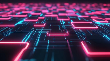 Obraz premium Blockchain network, glowing neon grid, futuristic tech, holographic elements