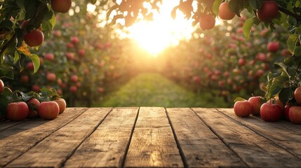 A rustic wooden table sits in the foreground of a beautiful orchard, with apples scattered around the table and the sun shining through the trees in the background.