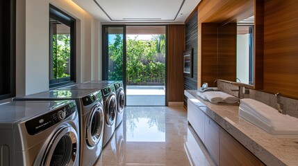 Luxurious Modern Laundry Room Featuring Stylish Washing Machines and Elegant Design Elements. Generative AI