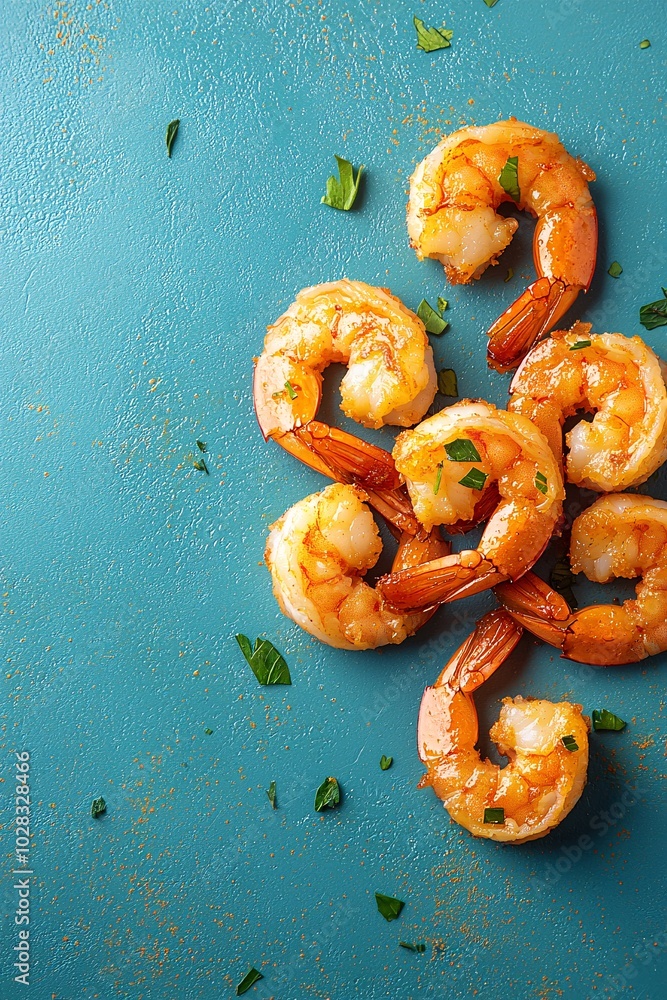 Poster a top view of crispy fried shrimp, with golden honey and deep bronze tones, displayed on a warm ambe