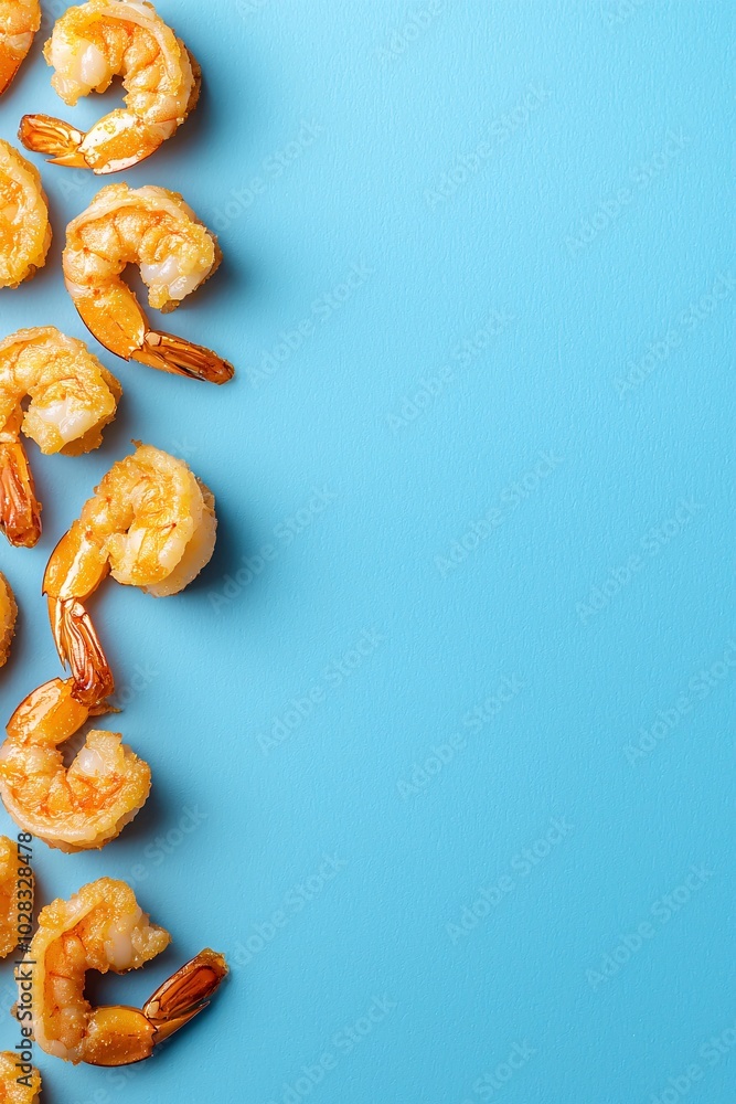 Poster A top view of crispy fried shrimp, with golden honey and deep bronze tones, displayed on a warm amber background with sufficient copy space for text or design.