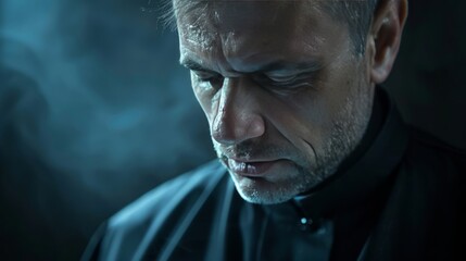 Priest in cassock praying on dark background, closeup