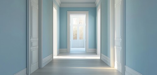 Fototapeta premium Minimalist hallway in pale blue with white doors, spacious and unoccupied.