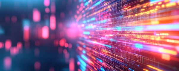 Obraz premium Blockchain transformation, virtual hologram, cyber-inspired elements, neon accents