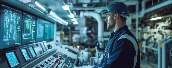 Obraz premium Efficient marine engineer monitoring energy systems on ship, ensuring optimal performance and safety. focused expression highlights importance of precision in operations
