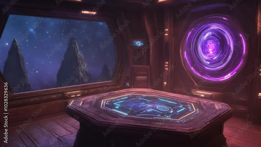 Poster futuristic command center with advanced technology and control panels, science fiction setting