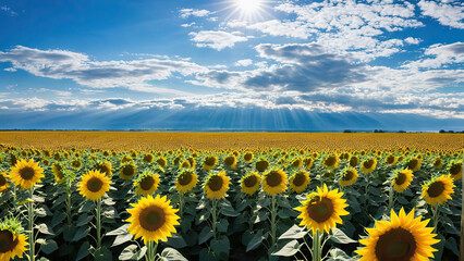 A vast field of sunflowers reaching towards the bright blue sky, illuminated by the sun