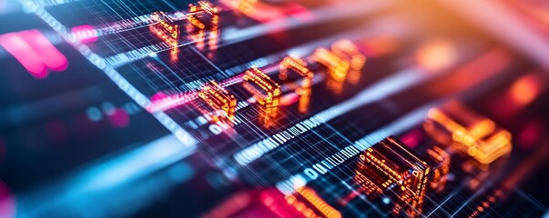Digital blockchain disruption, neon hologram web, cyber tech tones, futuristic feel