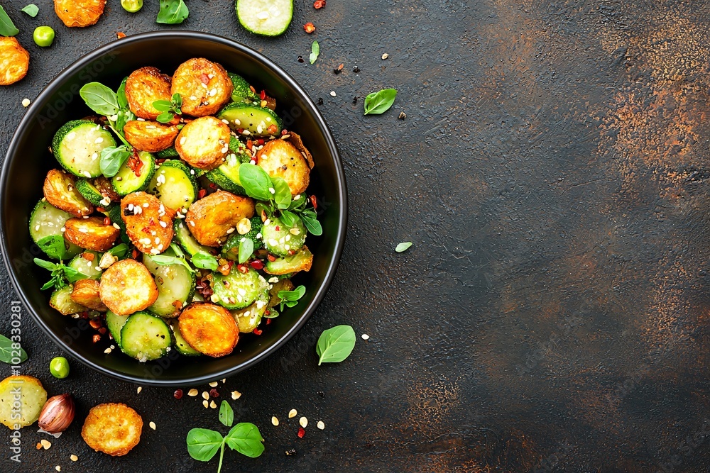 Poster a top view of assorted fried vegetables, featuring crispy brown and golden honey tones, set on a dee