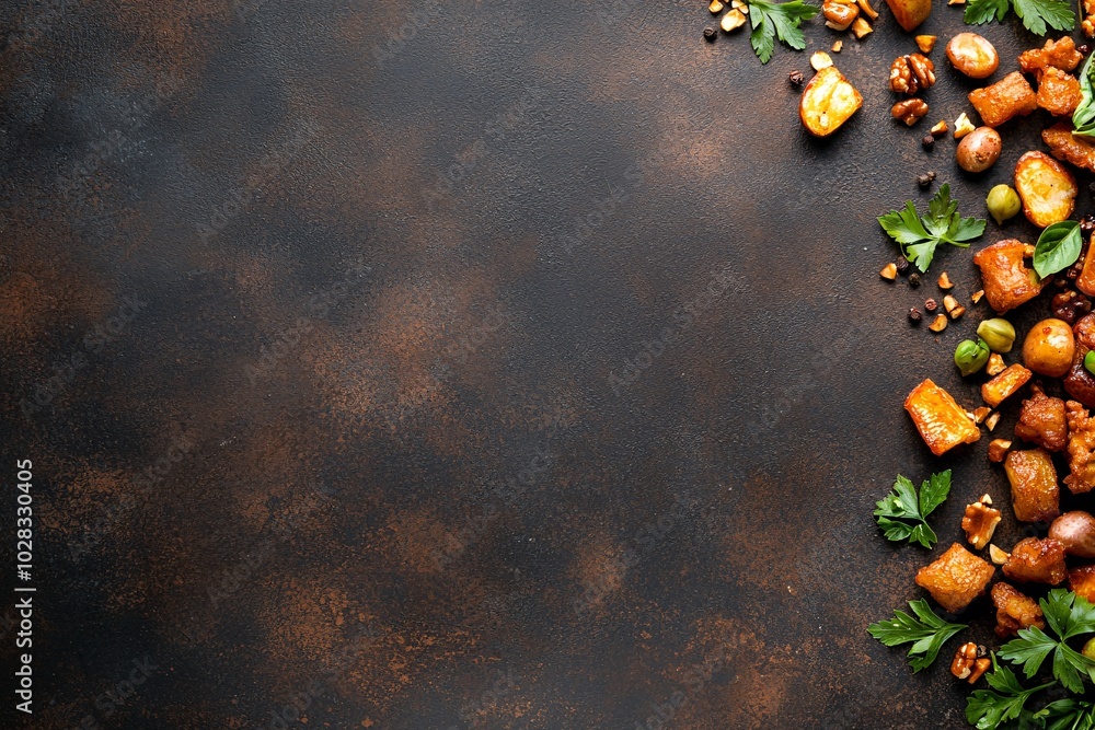 Poster a top view of assorted fried vegetables, featuring crispy brown and golden honey tones, set on a dee