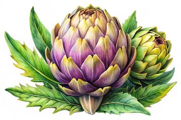 Botanical Watercolor Illustration of French Artichoke - Medicinal Plant ynara, Artful Representation for Nature Lovers, Herbalists, and Educational Purposes