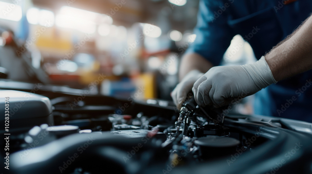 Poster mechanic is inspecting fuel injection system of vehicle, showcasing precision and expertise in autom