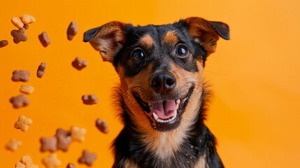 This happy dog radiates joy with its playful demeanor, eagerly waiting as delicious treats are thrown into the air, set against a vibrant orange background.