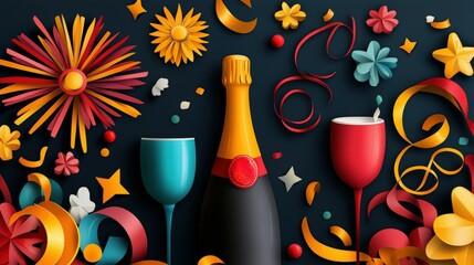 Champagne bottle with festive decorations.