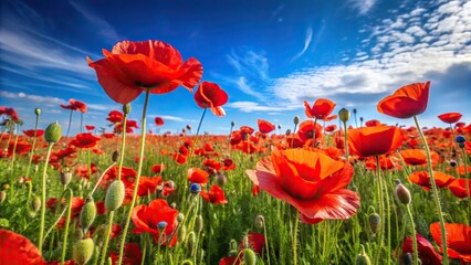 Obraz premium A vibrant field of red poppies in bloom under a cloudless blue sky