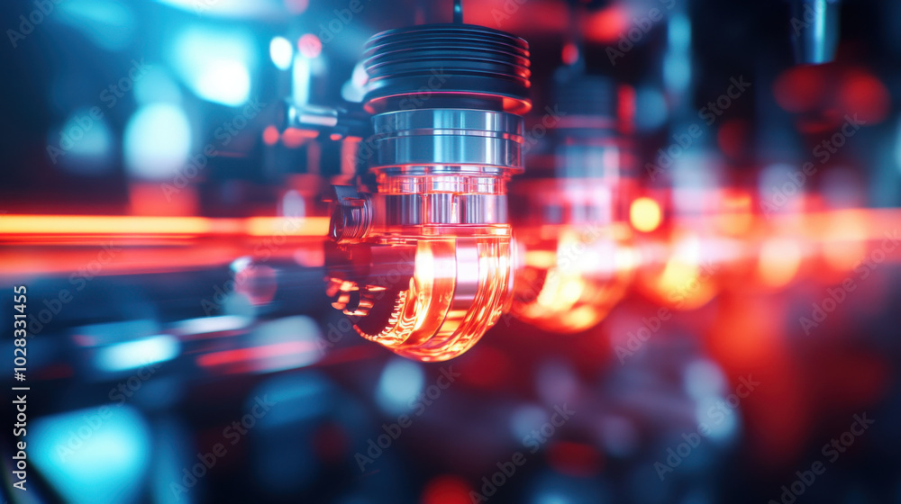 Poster illuminated fuel injection system components showcase intricate engineering and technology. vibrant 