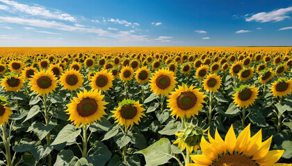 Obraz premium A vast field of sunflowers reaching towards the bright blue sky, illuminated by the sun