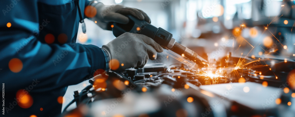 Poster technician is welding metal components, creating sparks in workshop environment. focus is on precisi
