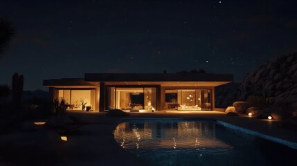 outdoor living space - modern mansion in the desert at night with swimming pool