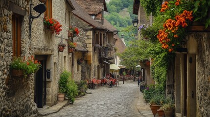 Fototapeta premium A charming European street lined with old stone buildings and flower boxes in the windows. The cobbled road leads to a small town square where people sit at outdoor cafes.
