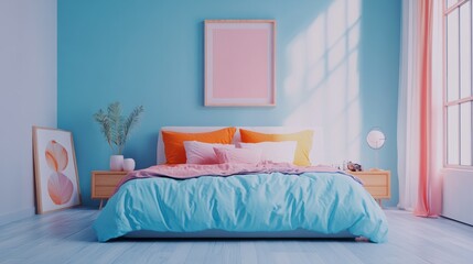 Pastel blue, pink and orange bedding on double bed in chic bedroom interior