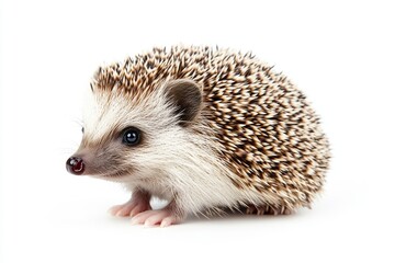 Obraz premium A small brown and white hedgehog with dark eyes and a pink nose stands on a white background.