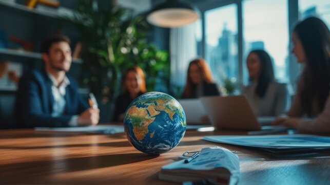 Photo of business team meeting with a globe on the table in an office, focusing on the planet Earth and blurred people at work during a conference or group business training for travel company ideas  - Powered by Adobe