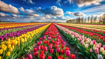 Selbstklebende Fototapeten  A colorful tulip field with rows of red, yellow, and pink flowers under a crisp blue sky © master2d