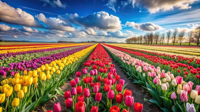 A colorful tulip field with rows of red, yellow, and pink flowers under a crisp blue sky