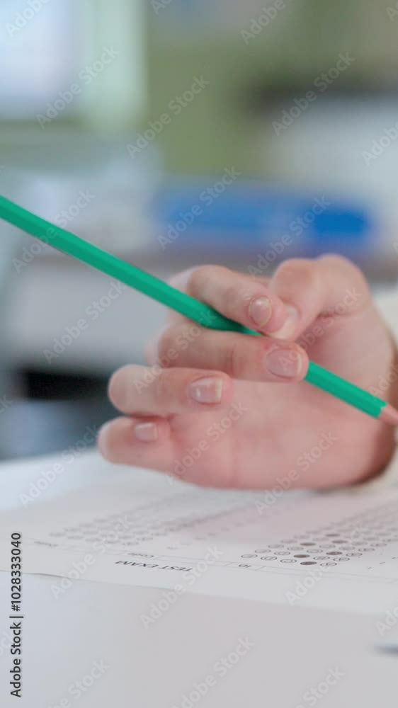 Poster hands, anxiety and student with test in classroom at school for scholarship admission question paper